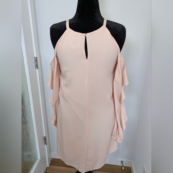 Marchesa Rose women Blush Pink Ruffle Cold Shoulder Long Sleeve Mini Dress Sz M - Picture 6 of 11